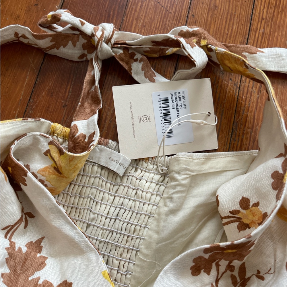 NWT Faithfull the Brand Marie Top in Midsummer Floral Mustard Brown Linen Halter - Picture 9 of 11